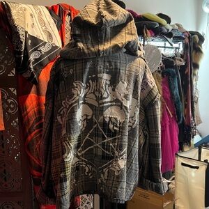 NWOT Magnolia Pearl Gray Plaid Jacket with Purple Logo Patch